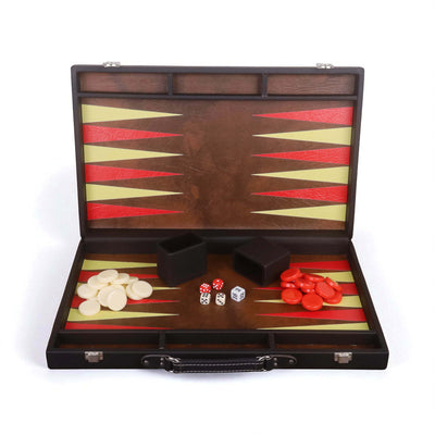 18" Ebony Black Leatherette Backgammon Set – Luxury Briefcase Style Travel Board Game with Brown & Red Inlay