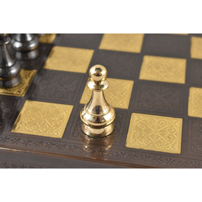 Soviet Brass Metal Luxury Chess Pieces & Board Set - 12" - Steel Grey & Gold