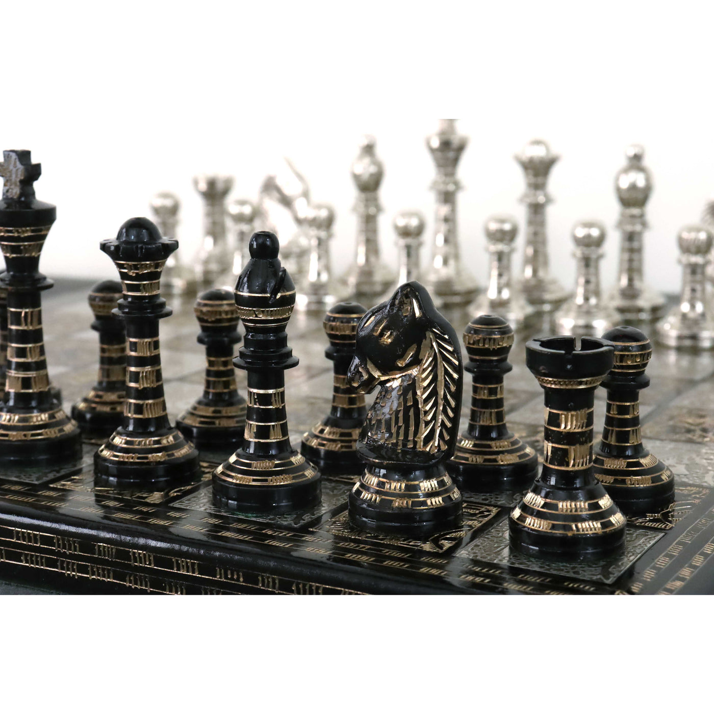 Classic Staunton Brass Metal Luxury Chess Pieces & Board Set - 12"- Silver and Black