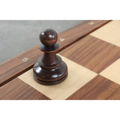 Combo of 1950s' Fischer Dubrovnik Chess Set - Pieces in Mahogany Stained & Boxwood with 21" Chess Board and Leatherette Coffer Storage Box