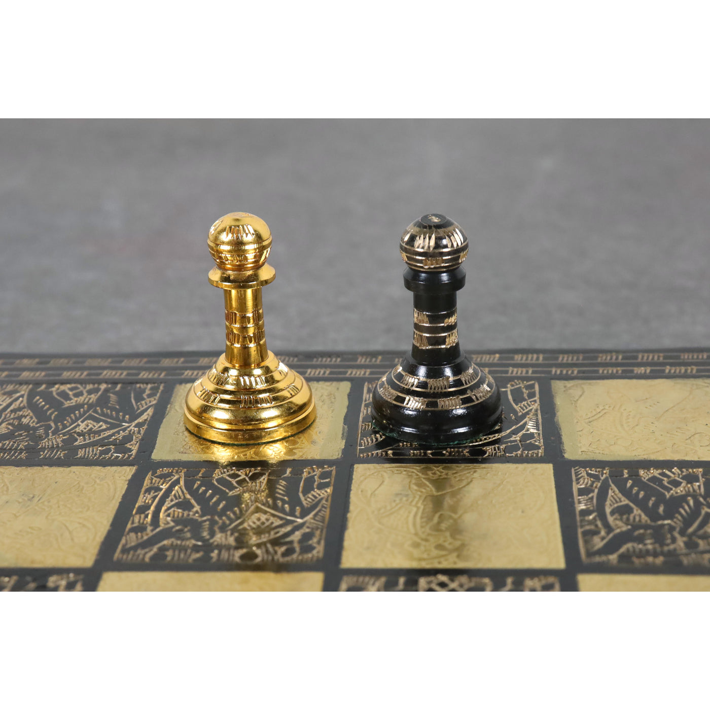 Staunton Inspired Brass Metal Luxury Chess Pieces & Board Set -12"- Gold & Black