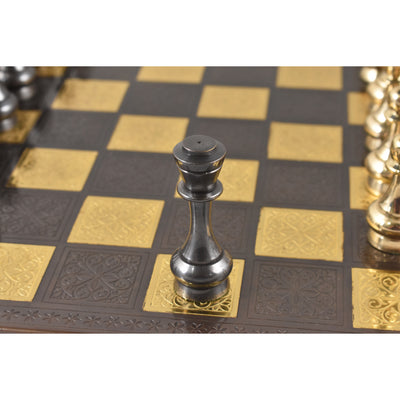 Soviet Brass Metal Luxury Chess Pieces & Board Set - 12" - Steel Grey & Gold