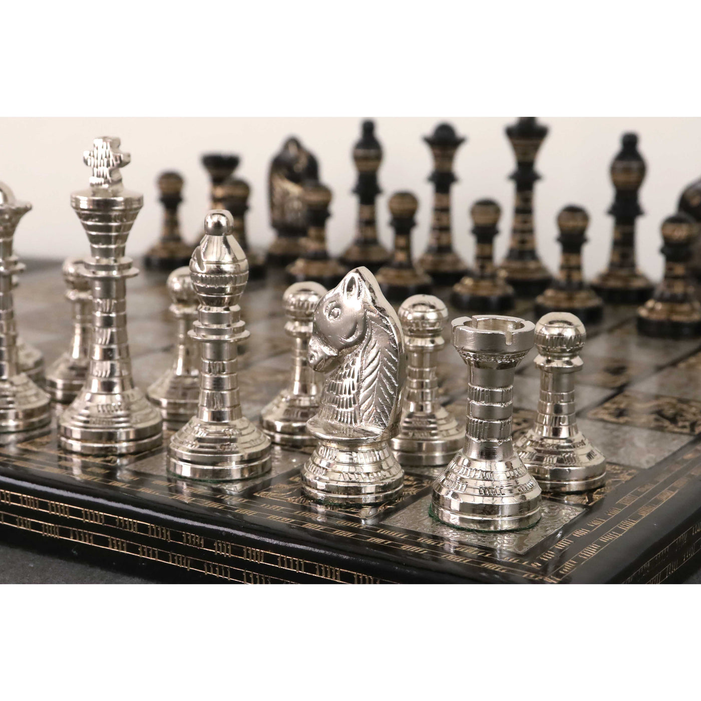 Classic Staunton Brass Metal Luxury Chess Pieces & Board Set - 12"- Silver and Black