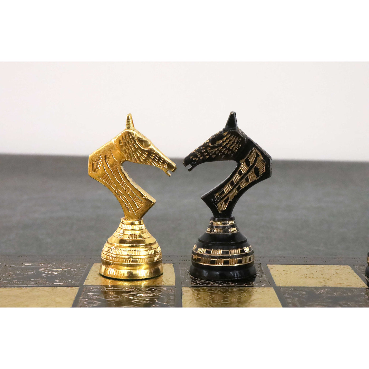 Soviet Inspired Brass Metal Luxury Chess Pieces & Board Set- 14" - Black & Gold - Unique Art