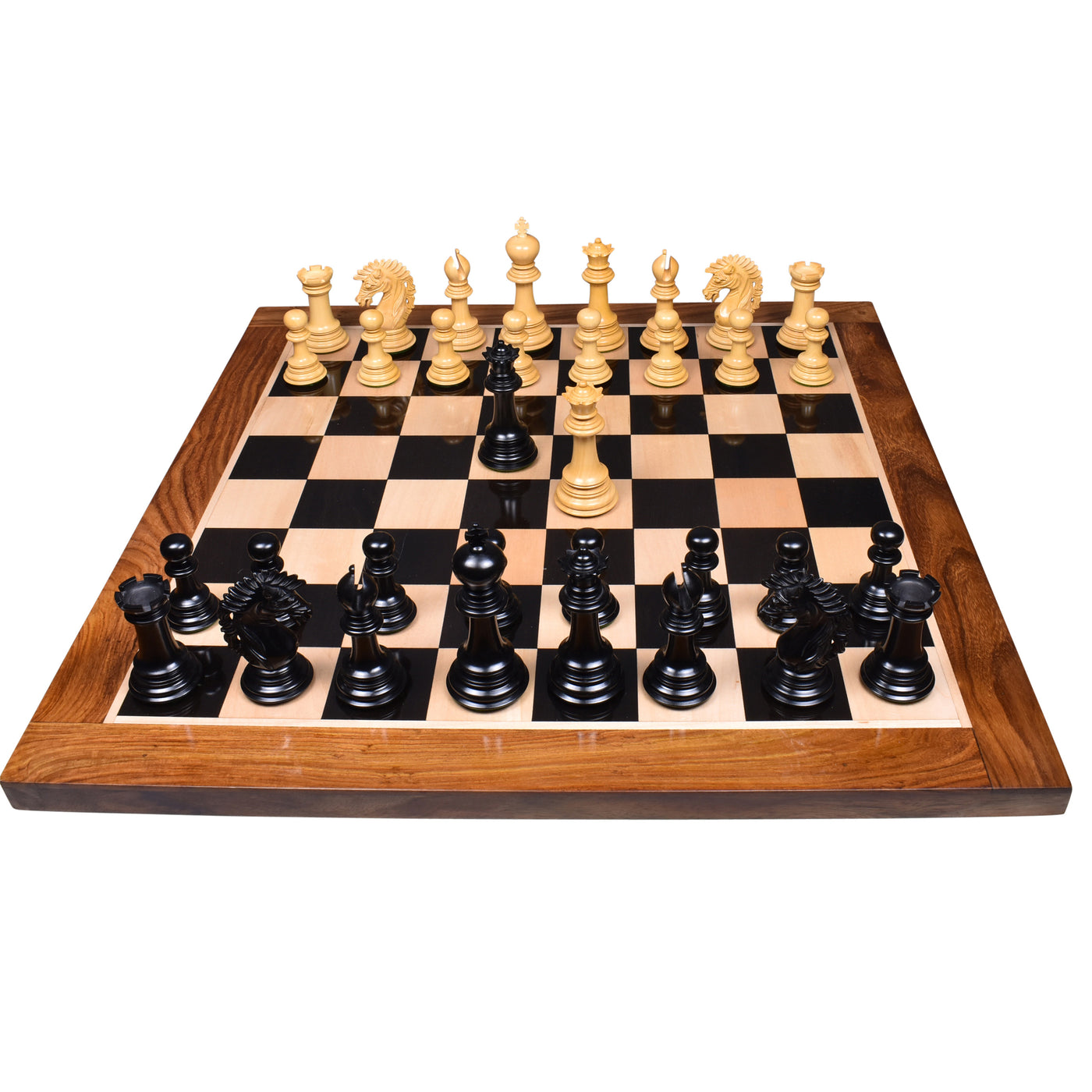 Exquisite 23" Ebony & Maple Chessboard with 4.6" Mogul Staunton Luxury Pieces in Ebony Wood