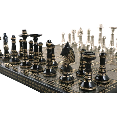 Hawaiian Crown Brass Metal Luxury Chess Pieces & Board Set -14" Silver and Black