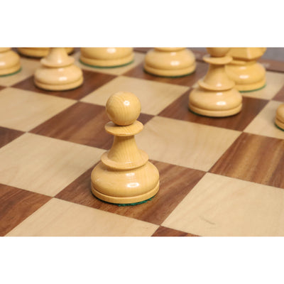 Combo of 1950s' Fischer Dubrovnik Chess Set - Pieces in Mahogany Stained & Boxwood with 21" Chess Board and Leatherette Coffer Storage Box