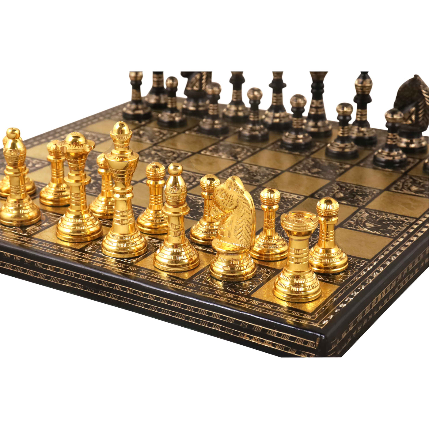 Staunton Inspired Brass Metal Luxury Chess Pieces & Board Set -12"- Gold & Black