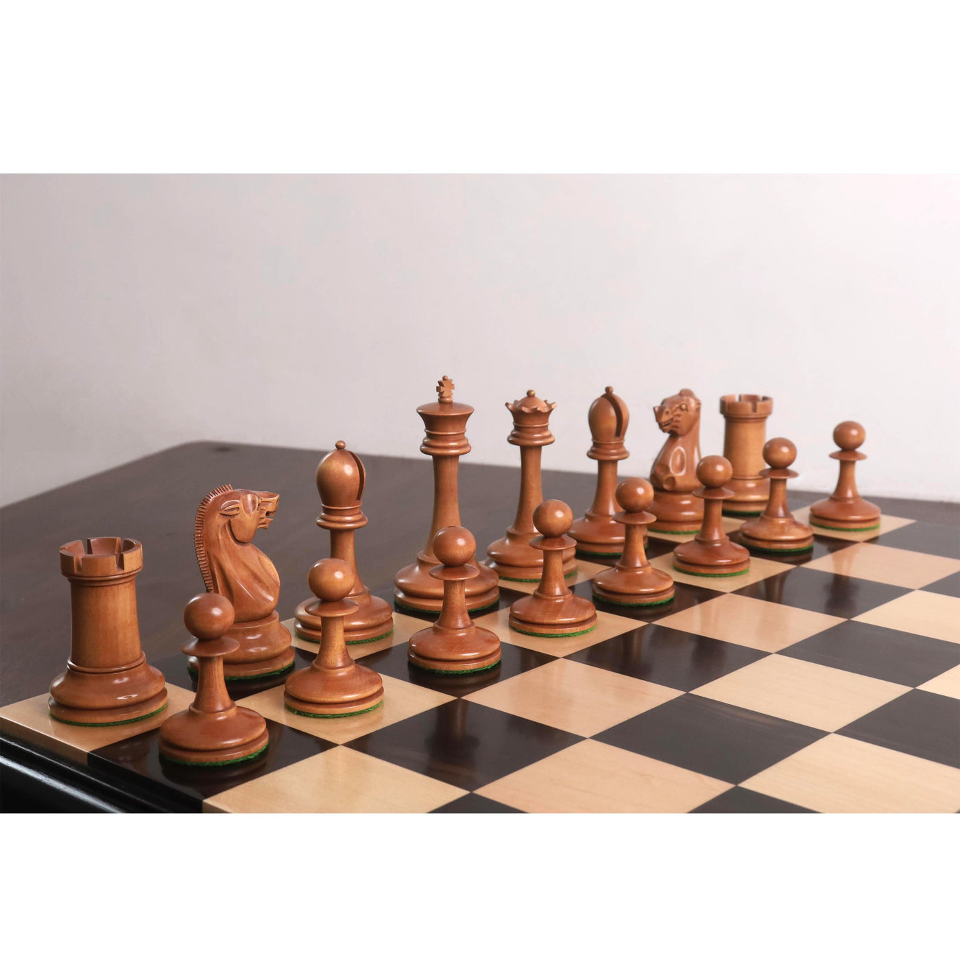 19th century B & Co Reproduced Luxury Chess Set- Chess Pieces Only- Ebony Wood & Antiqued Boxwood– 4.2″ King