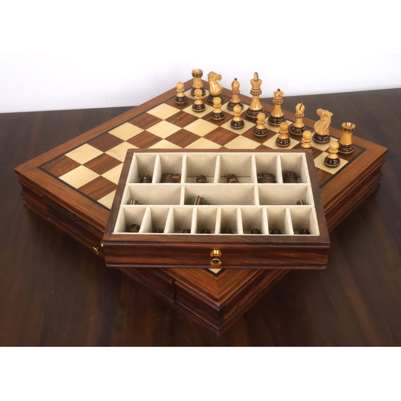 Combo of 20” Legacy Golden Rosewood Chess Board with 4” Professional Staunton Pieces (Gloss Finish)