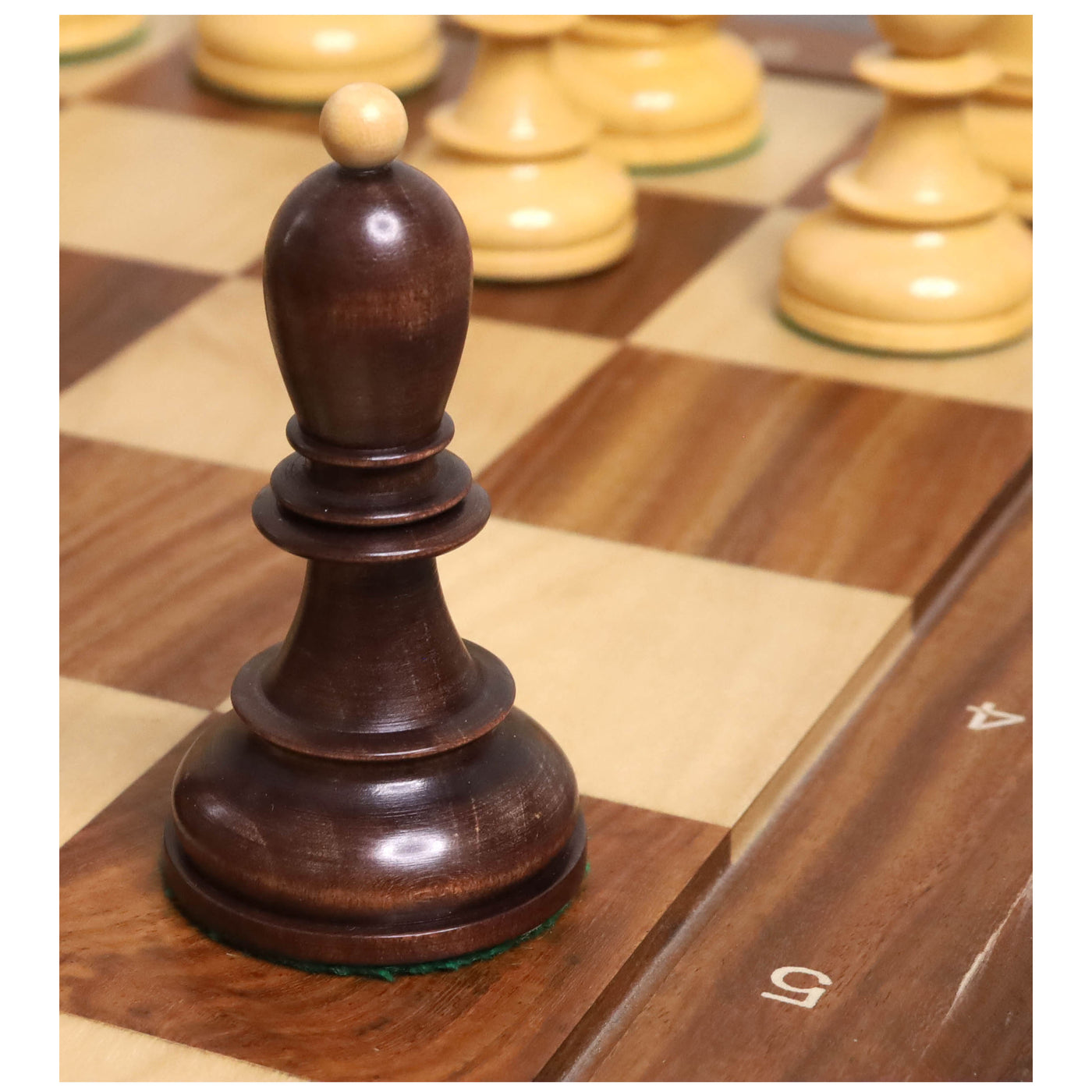 Combo of 1950s' Fischer Dubrovnik Chess Set - Pieces in Mahogany Stained & Boxwood with 21" Chess Board and Leatherette Coffer Storage Box