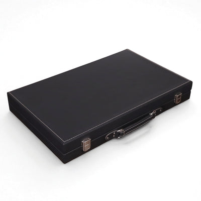 18" Ebony Black Leatherette Backgammon Set – Luxury Briefcase Style Travel Board Game with Brown & Red Inlay