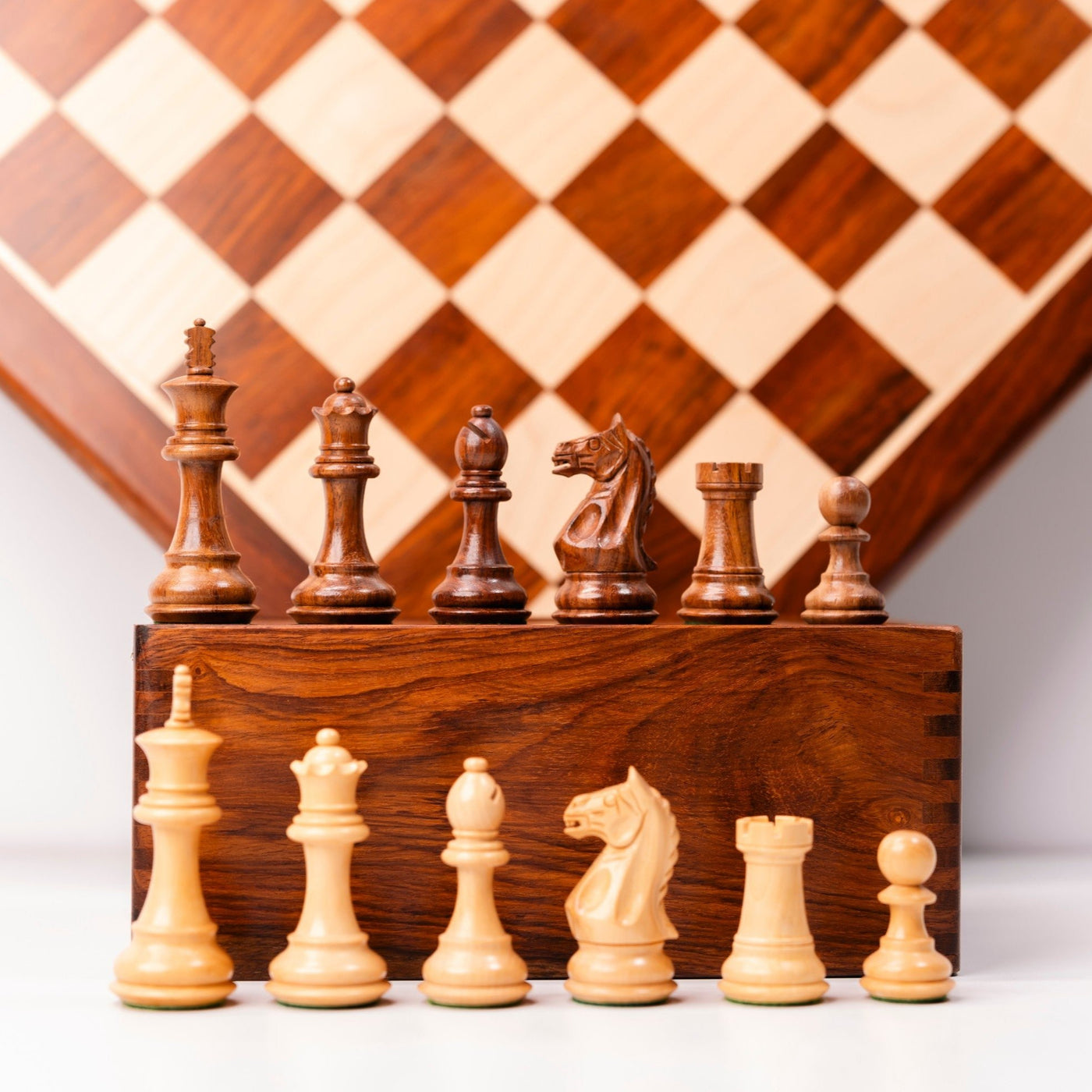 Combo of 3.5" Fierce Knight Staunton Chess Set - Pieces in Golden Rosewood with 19" Chessboard and Storage Box