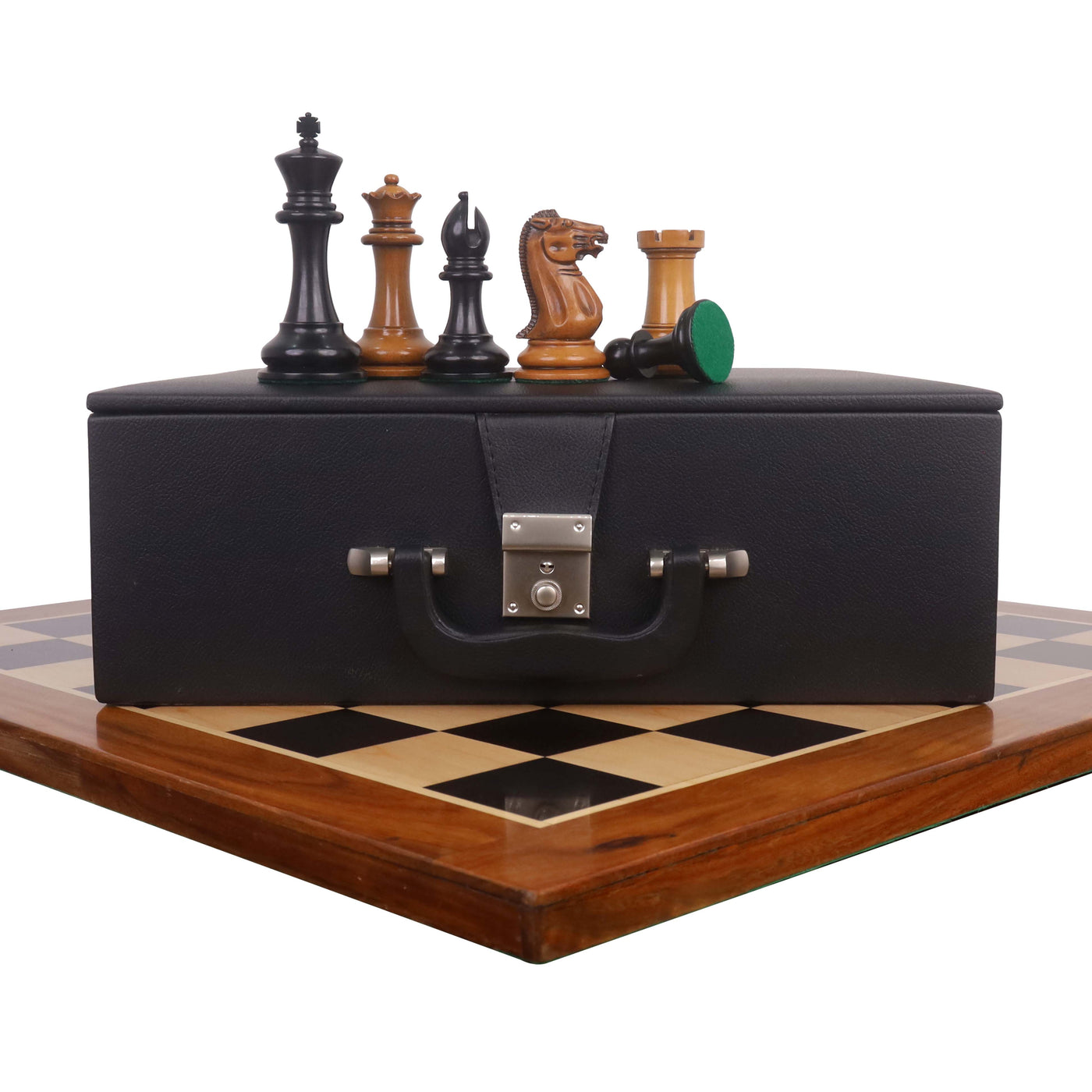1849 Original Staunton Chess Set Combo - Pieces in Lacquered Distress Antiqued Boxwood & Ebony with Board and Box