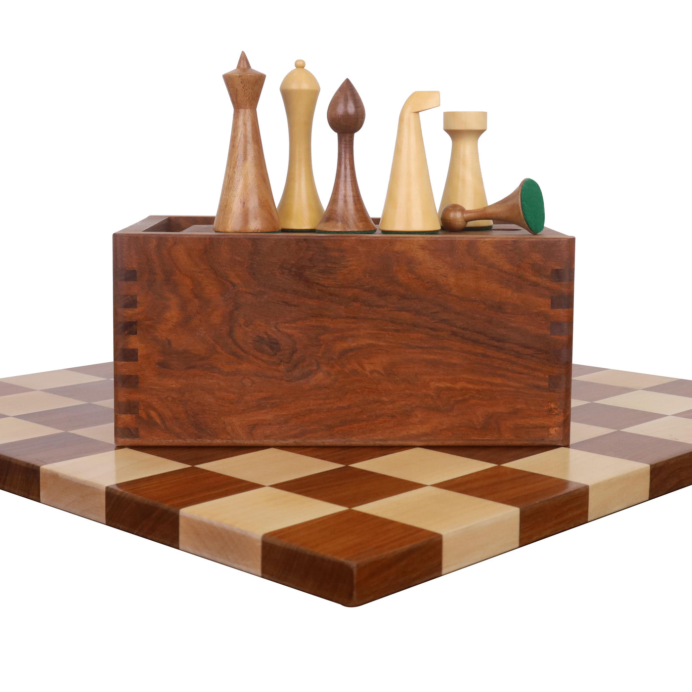 Combo of 3.6" Herman Ohme Minimalist Chess Set - Pieces in Weighted Golden Rosewood with Board & Box
