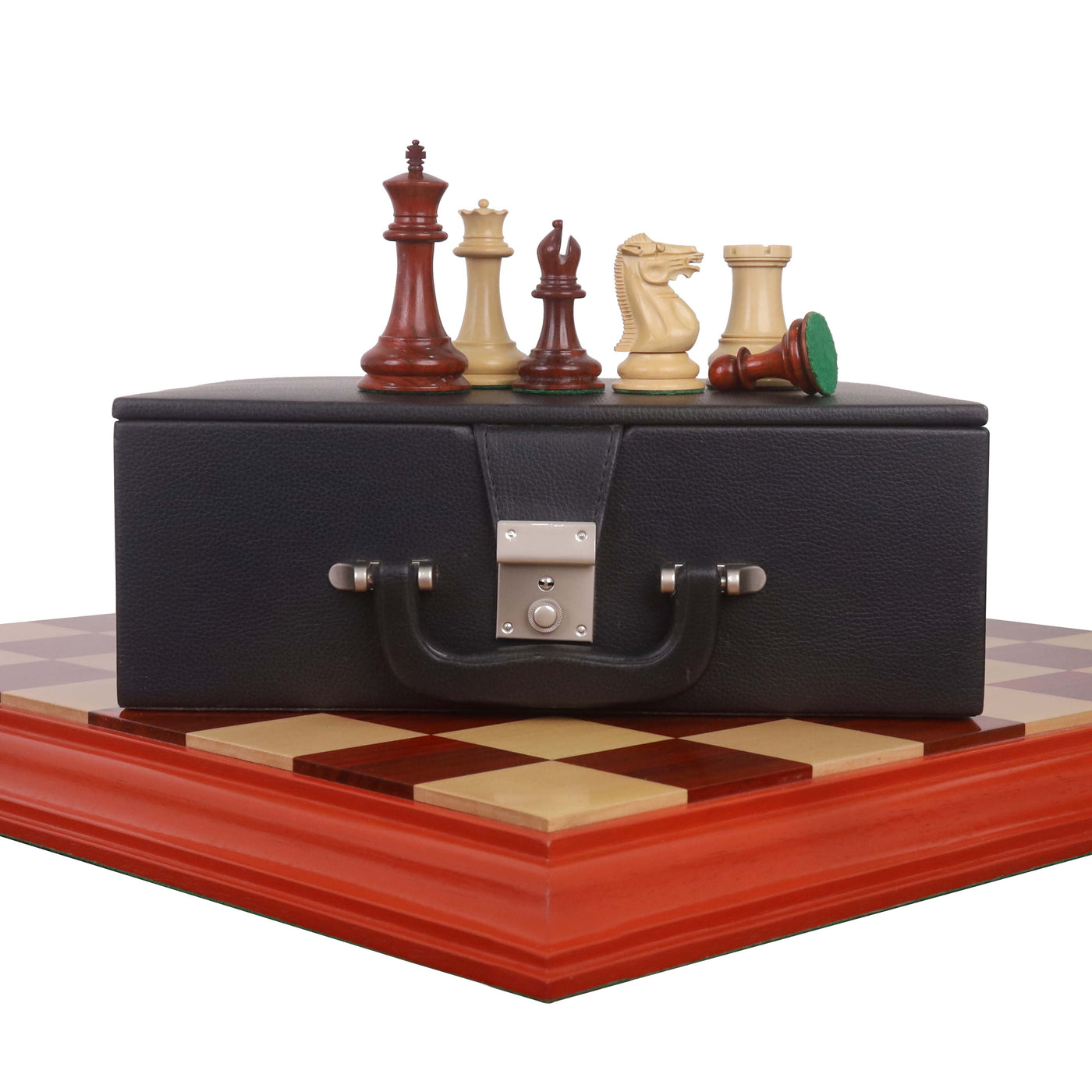 Combo of 1849 Jacques Cook Staunton Chess Pieces - Bud Rosewood with 21" Board and Storage Box