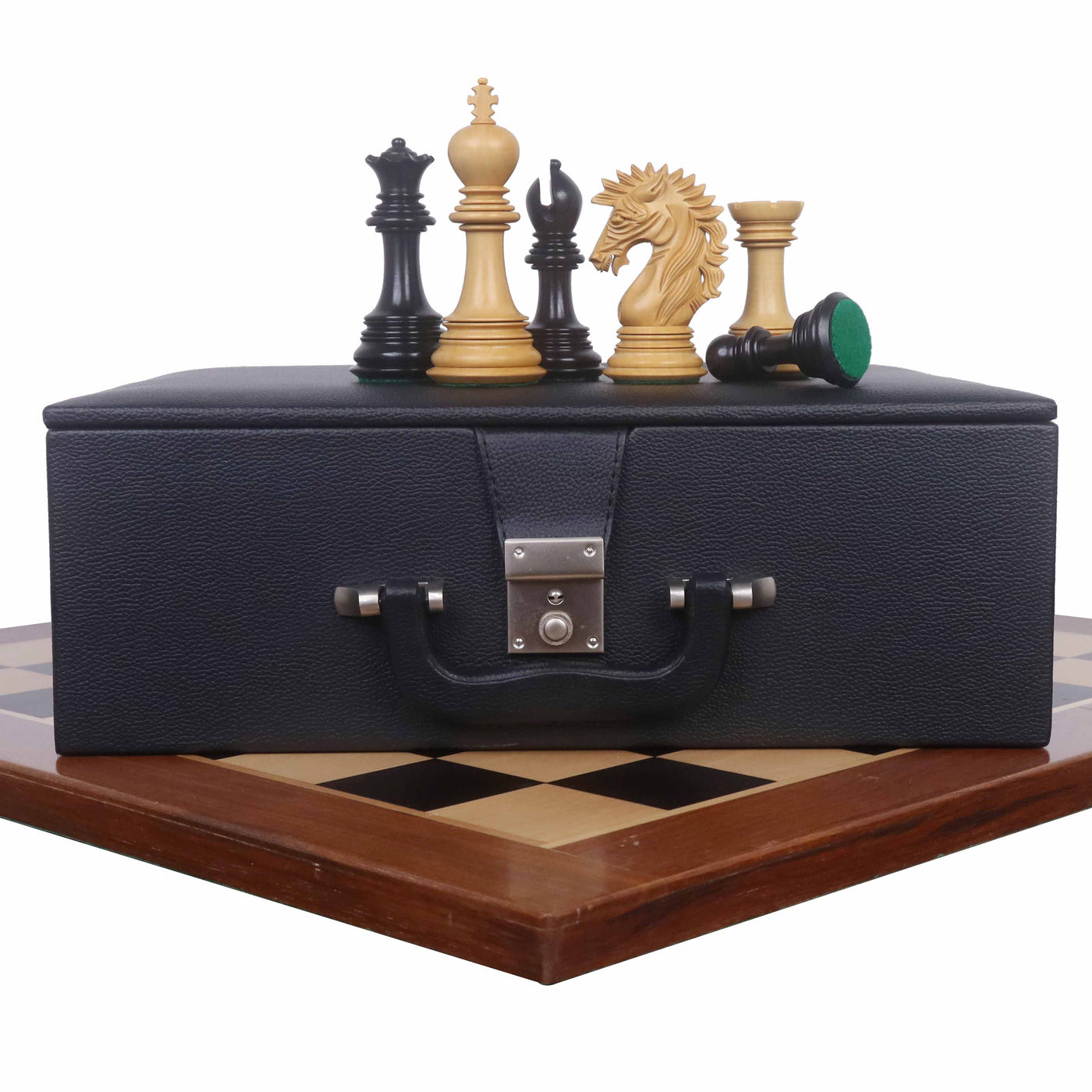 4.6" Mogul Staunton Luxury Chess Pieces in Ebony Wood with Large Ebony & Maple Wood Chessboard and Leatherette Coffer Storage Box