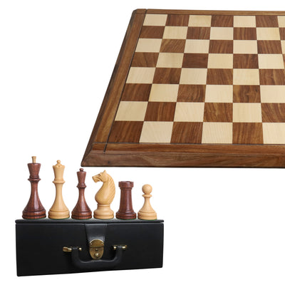 Combo of 1935 Botvinnik Flohr-II Soviet Chess Set - Pieces in Golden Rosewood with Board and Box