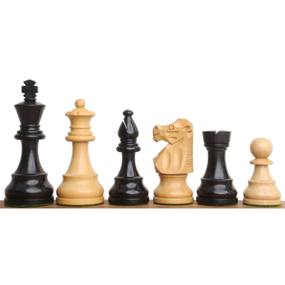 Reproduced French Lardy Staunton Chess Pieces - Ebonised Boxwood with 19" Inlaid Ebony & Maple Wood Chess board and Book Style Storage Box