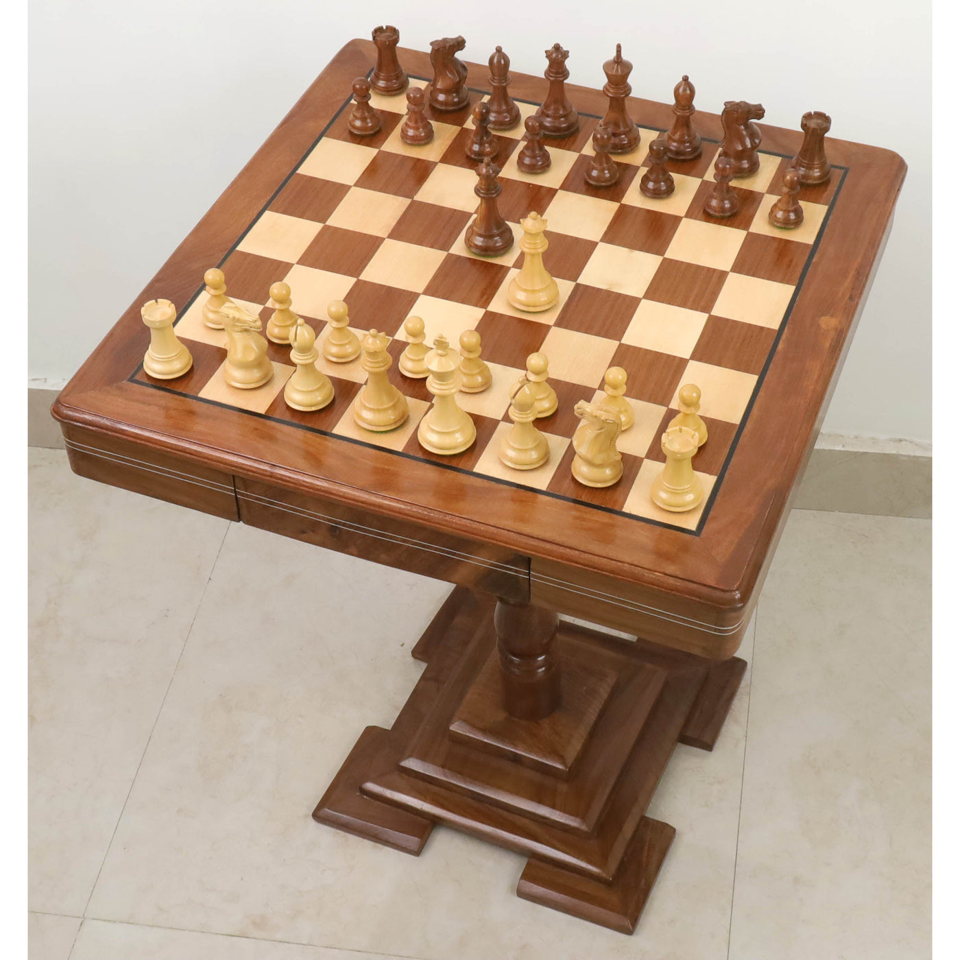 20" Wooden Chess Board Table with Staunton Chess Pieces -Golden Rosewood & Maple