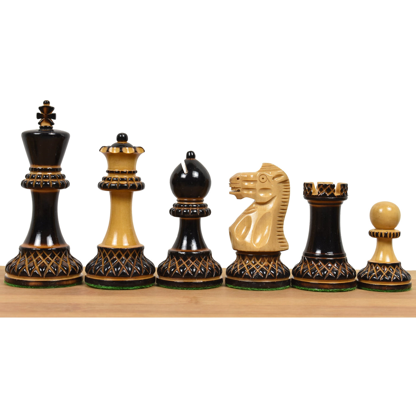 Combo of 3.9" Parker Staunton Carved Chess Set - Pieces in Lacquered Burnt Boxwood with Board and Box