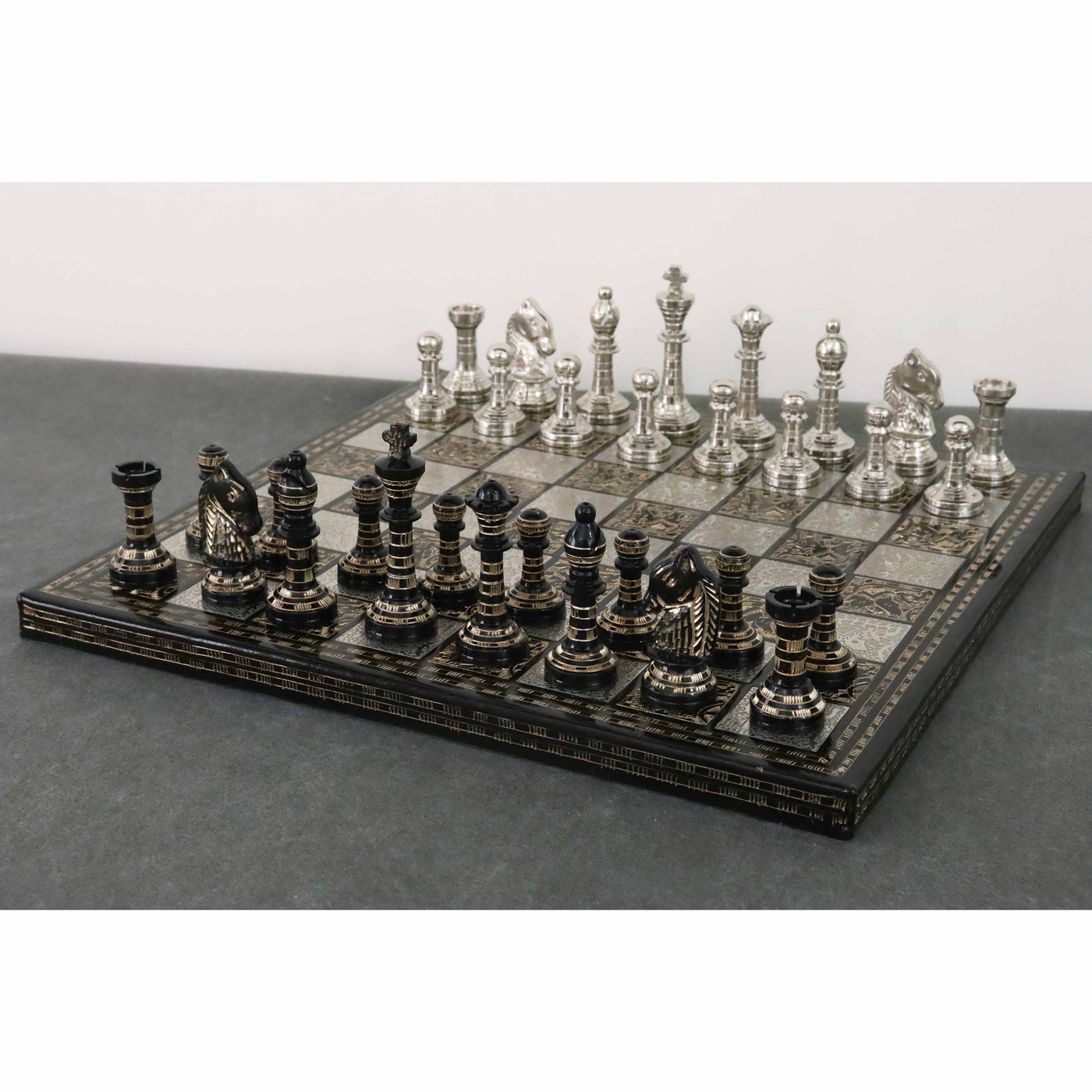 Classic Staunton Brass Metal Luxury Chess Pieces & Board Set