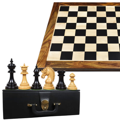 4.4" Dragon Luxury Staunton Ebony Wood Chess Pieces with 23" Ebony & Maple Wood Chessboard with Sheesham borders and Leatherette Coffer Storage Box