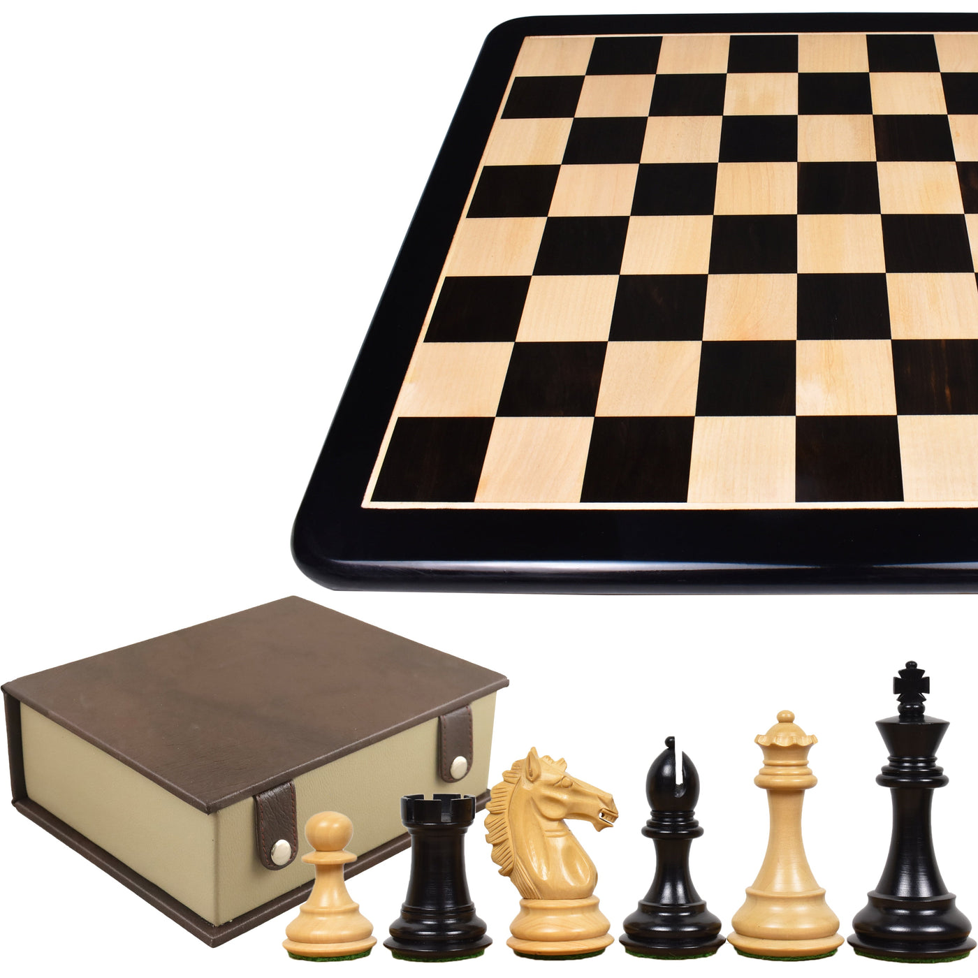 3.9" Exclusive Alban Staunton Ebony Wood Chess Pieces with 21" Large Solid Inlaid Ebony & Maple Wood Chess board and Book Style Storage Box