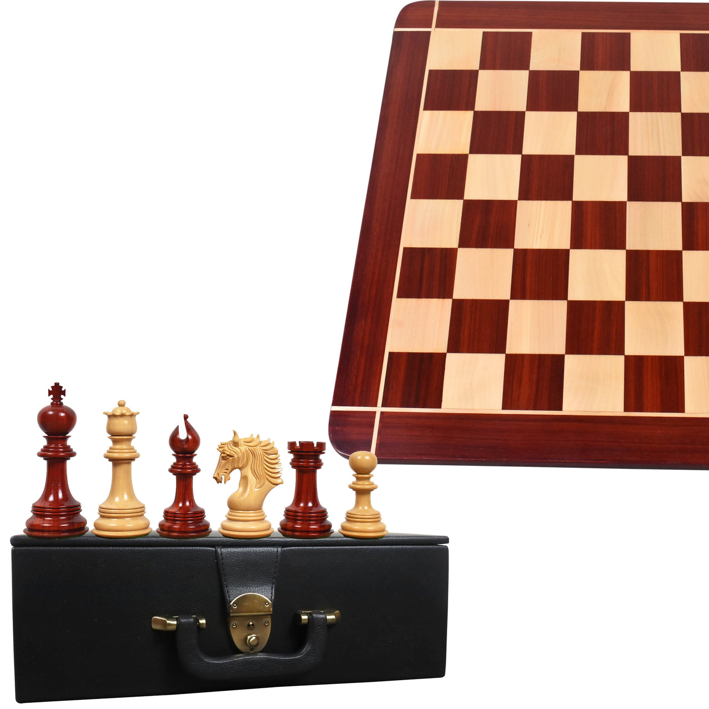 4.6" Arthur Luxury Staunton Bud Rosewood Chess Pieces with 23" Bud Rosewood & Maple Wood Signature Wooden Chessboard and Leatherette Coffer Storage Box