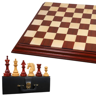 4.5″ Carvers’ Art Luxury Chess Budrose Wood Pieces with 21" Bud Rosewood & Maple Wood Luxury Chessboard with Carved Border and Leatherette Coffer Storage Box