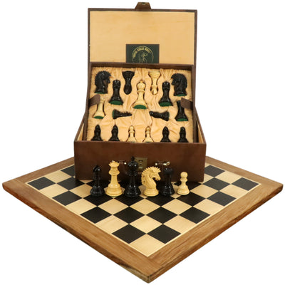 4.6" Mogul Luxury Chess Combo Set - Ebony Wood Chess Pieces + Board & Tan Brown Leatherette Coffer Storage Box