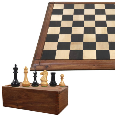 4.1" Chamfered Base Staunton Ebony Wood Chess Pieces with 21" Players Choice Solid Ebony & Maple Wood Chess board - Matt Finish and Golden Rosewood Chess Pieces Storage Box