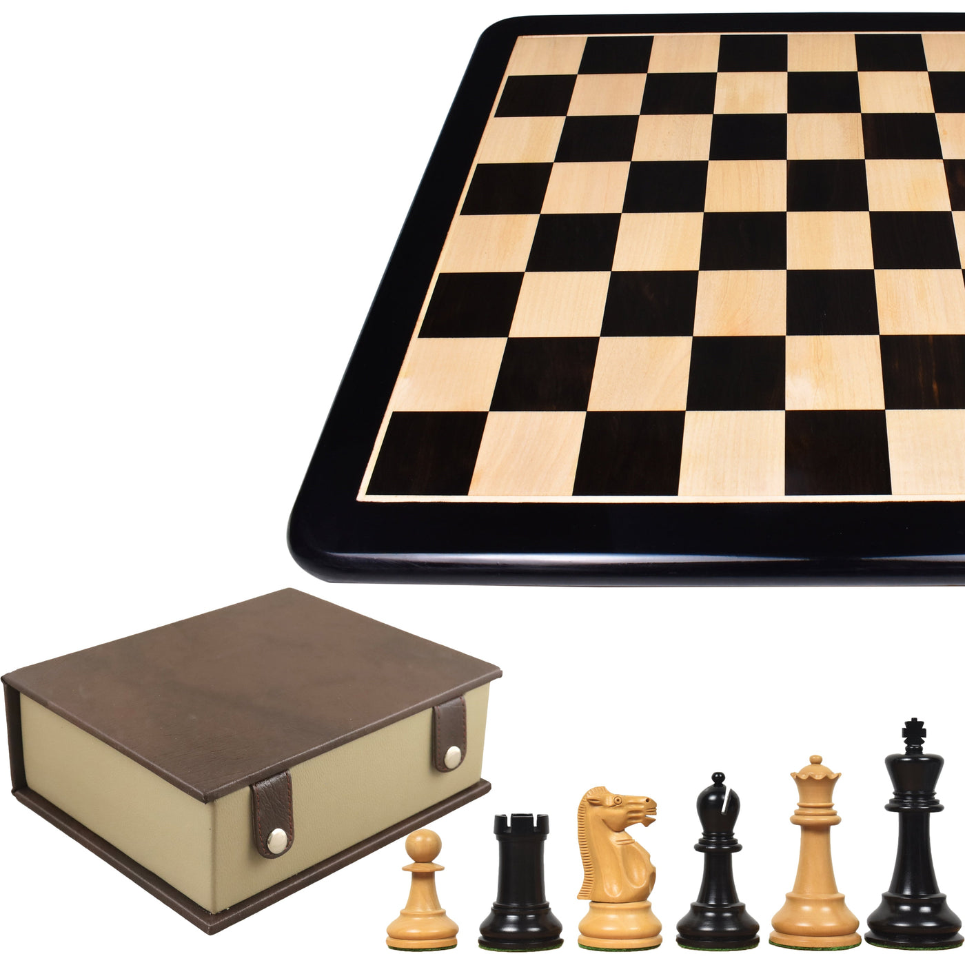 Combo of 3.9" Lessing Staunton Chess Set - Pieces in Ebony Wood with Board and Box
