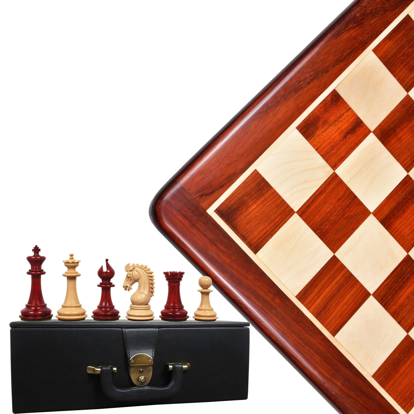 3.7" Emperor Series Staunton Chess Bud Rosewood Pieces with 21" Bud Rosewood & Maple Wood Chess board and Leatherette Coffer Storage Box