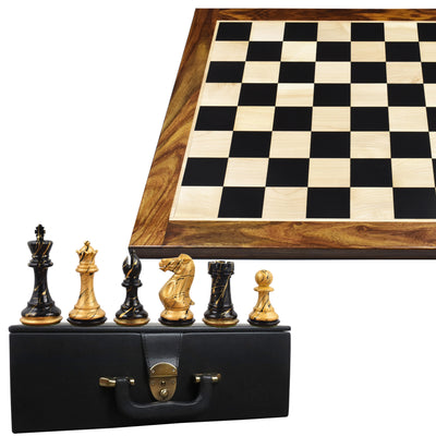 4.1" Vanguard Series Staunton Black & Gold Hand Painted Chess Pieces with 23" Large Ebony & Maple Wood Chessboard - Sheesham Borders and Leatherette Coffer Storage Box