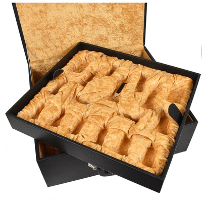 Combo of 4.5" Reproduced 1849 Staunton Antiqued Boxwood & Ebony Chess Pieces with 23" Large Ebony & Maple Wood Chessboard and Storage Box