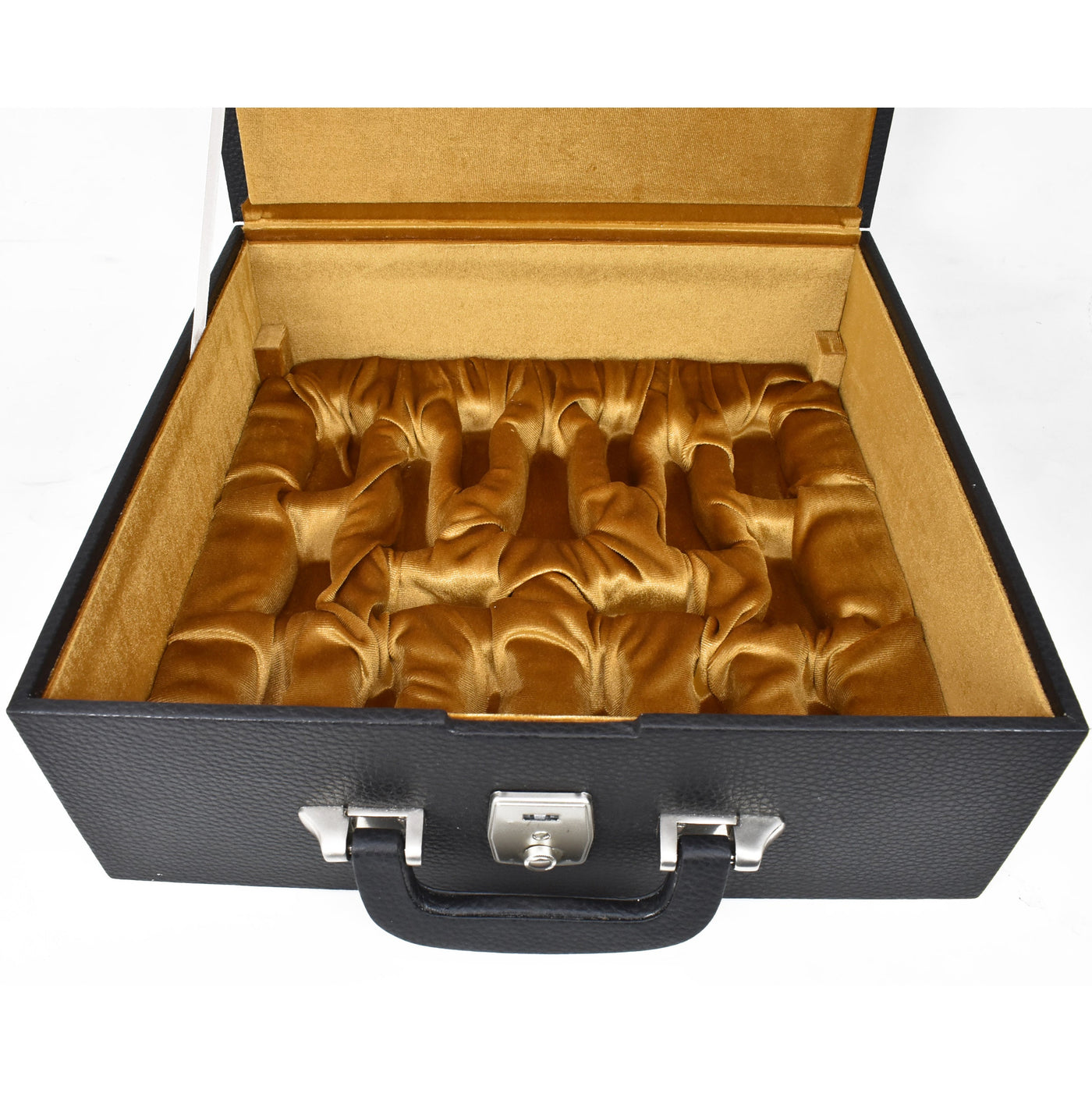 Combo of 4.1" Vanguard Series Staunton Chess Set - Pieces in Black & Gold Painted Boxwood with Board and Box