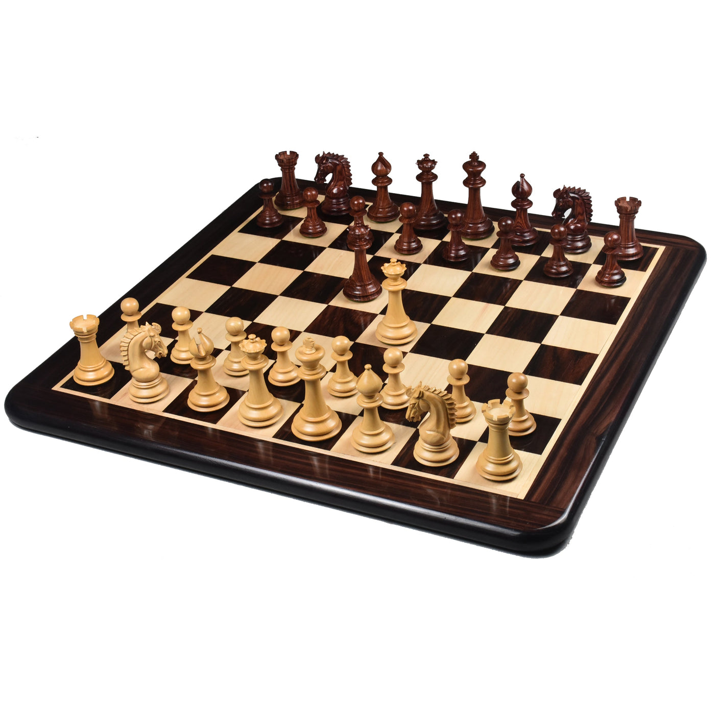 3.7" Emperor Series Staunton Chess Rose Wood Pieces with 21" Large Flat Chess board Rosewood & Maple Wood and Leatherette Coffer Storage Box