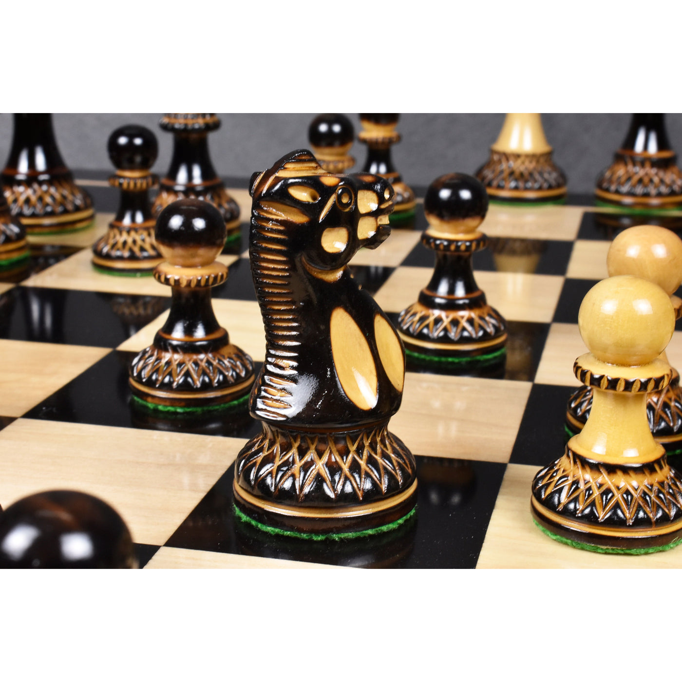 Combo of 3.9" Parker Staunton Carved Chess Set - Pieces in Lacquered Burnt Boxwood with Board and Box