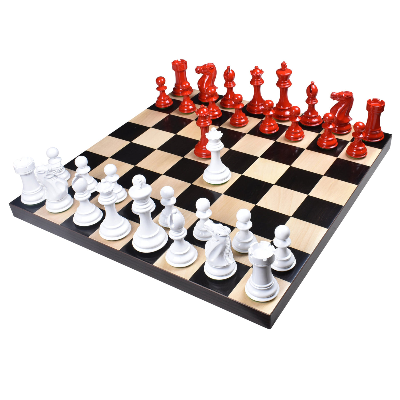 Combo of 4.1" Pro Staunton Chess Set - Pieces in Red & White Painted Boxwood with Board and Box